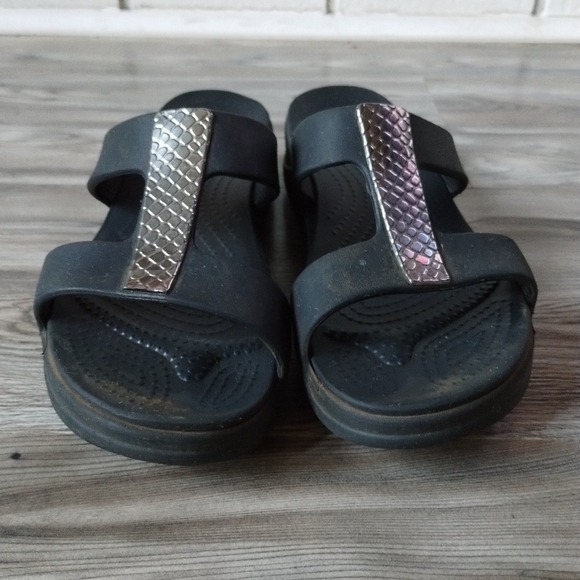 Crocs Monterey Metallic Open Toe Slip-On Black Wedge Women's Size 7 - Picture 2 of 6